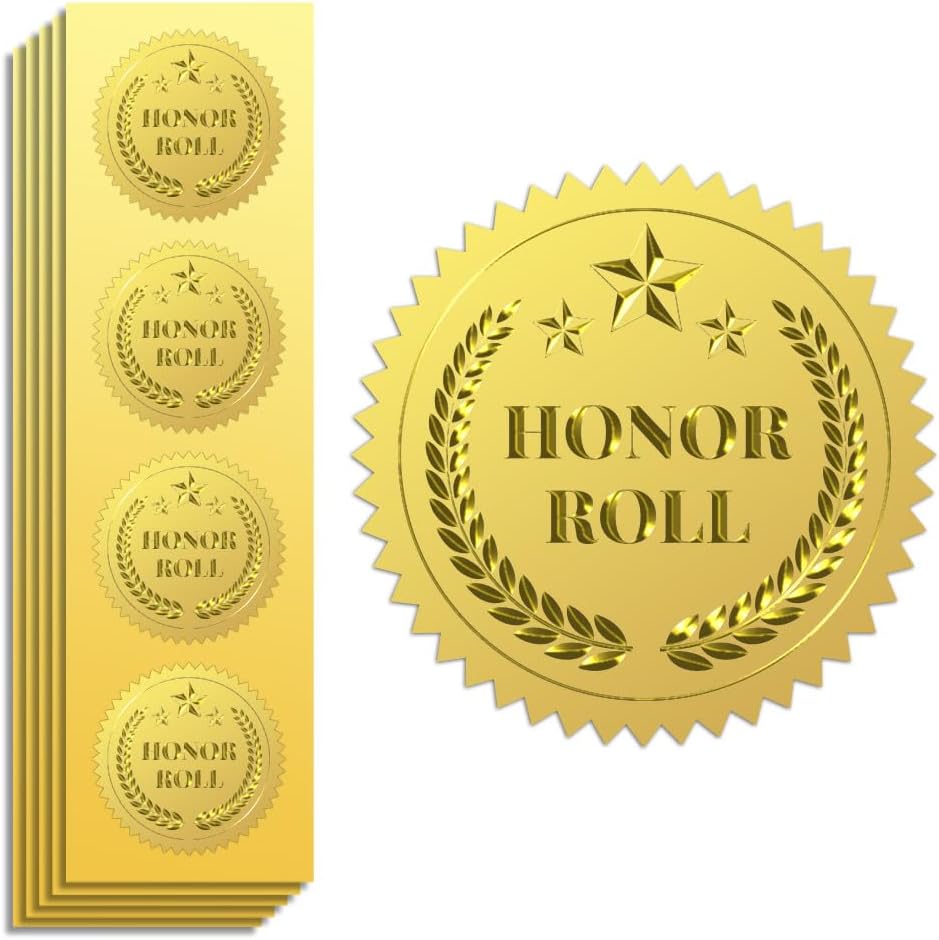 Peacoblue Gold Foil Stickers Seals Official Embossed 2 Inch 100Pcs Honor Roll, Self Adhesive Gold Around Embossing Medal Stickers for Certificate Paper, Achievements and Awards, Envelope Seals