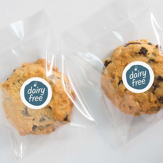Blue Dairy Free Stickers / 500 Small 1" White Gloss Circle Labels/Chic Teal Lactose Free Food Safety Seals with Modern Aesthetic/Made in The USA