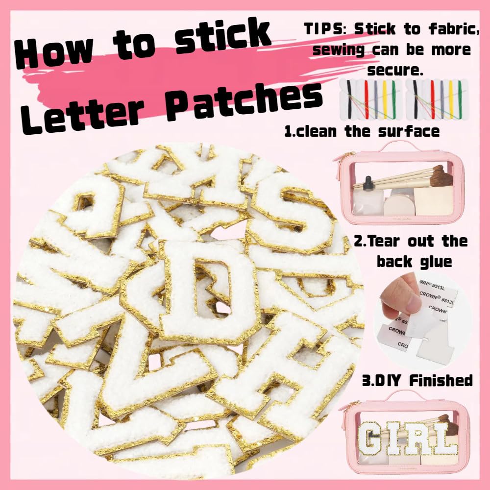 108 Pcs Self Adhesive Chenille Letter and Number 3D Embroidered Patches,Iron on Sew on Letters Alphabet A-Z, Number 0-9 Chenille Fabric Stickers for Clothing, Hats, Shoes, Bags,Jeans,Coats-White