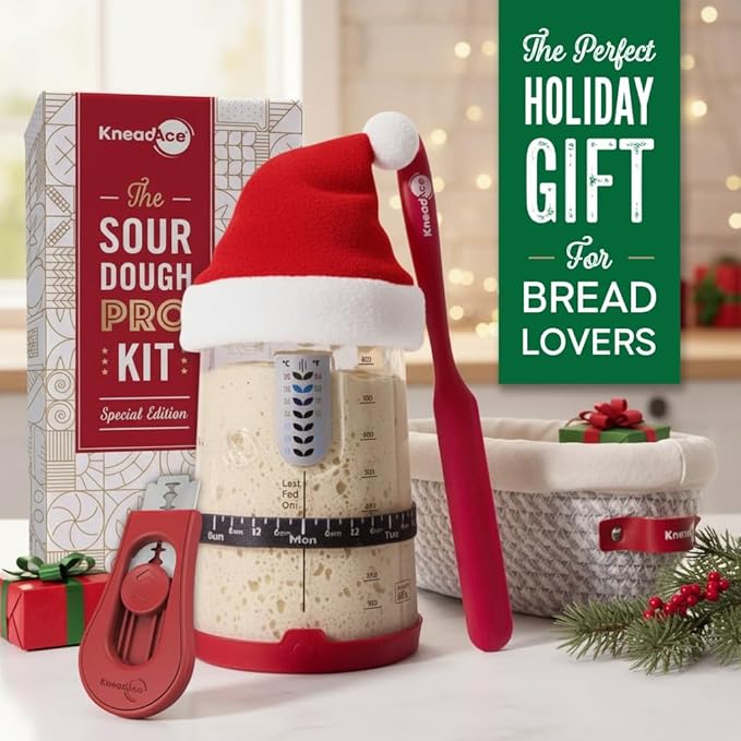 KneadAce Sourdough Starter Kit – 34oz Starter Jar, 2 Oval Banneton Proofing Baskets, Magnetic Bread Lame for Scoring – Gift for Bakers & Complete Sourdough Bread Baking Set
