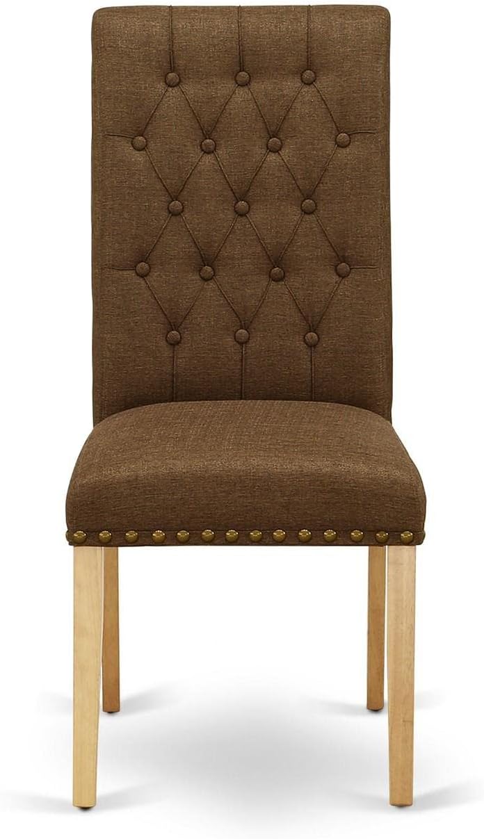 East West Furniture BRP4T18 Bremond Parson Kitchen Chairs - Button Tufted Nailhead Trim Brown Linen Linen Fabric Upholstered Dining Chairs, Set of 2, Oak