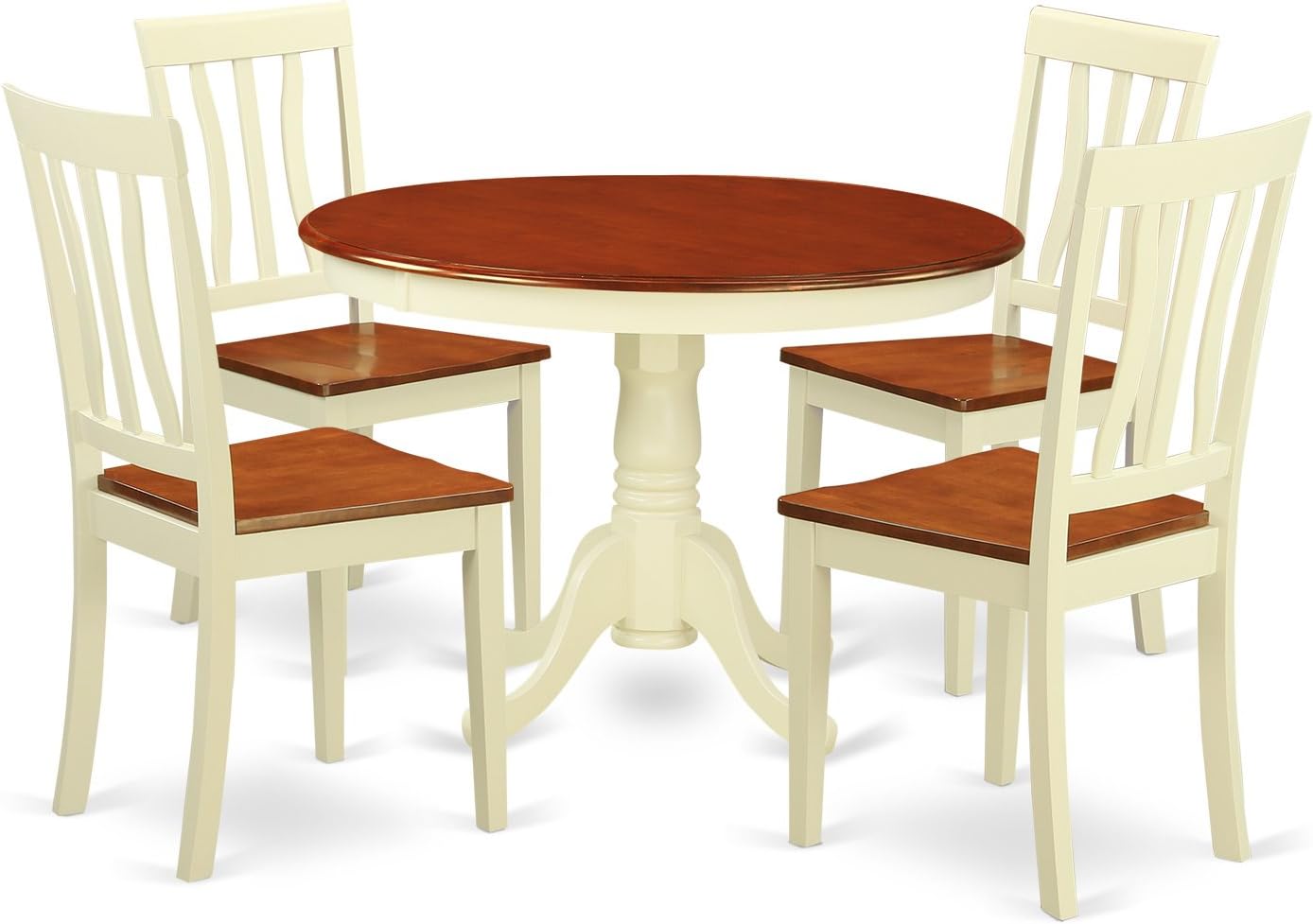 East West Furniture HLAN5-BMK-W 5 Piece Modern Dining Table Set Includes a Round Wooden Table with Pedestal and 4 Dining Room Chairs, 42x42 Inch, Buttermilk & Cherry