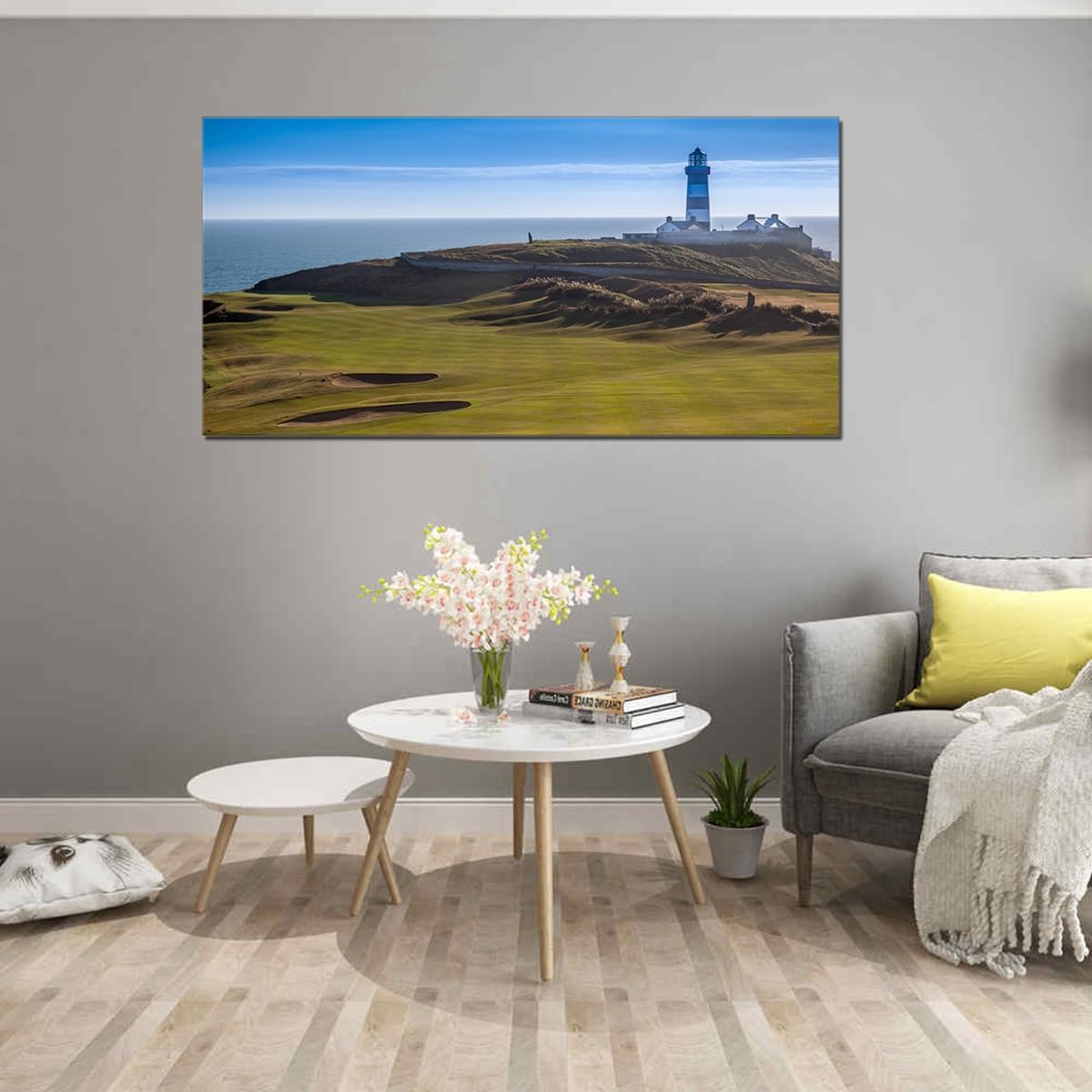 Lighthouse Golf Pictures Landscape Panoramic Picture Office Home Decor Sport Themed Landmark Golfing Field for Living Room Wall Art Framed Large Size 24x48inch
