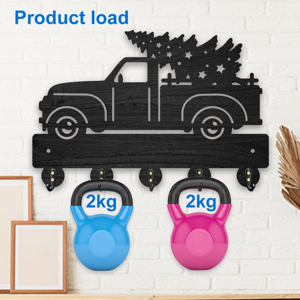 MAYJOYDIY Christmas Truck Tree Coat Racks Wood Tree Star Key Holder Wall Mount 11.8×7.9inch Black Key Hooks Rack 5 Alloy Hooks Christmas Home Decor Gifts Entryway Kitchen Bathroom Storage Organizer