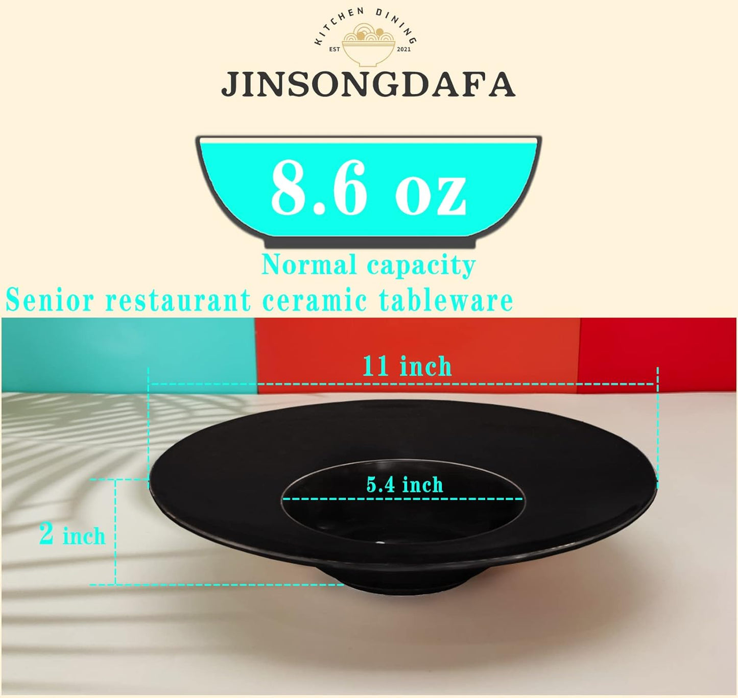 Ceramics Rimmed Soup Bowls 8.6 oz, Black 11 inch Exquisite small soup plate Set of 4, Pasta plates With Rim is the best choice for hotels, kitchens, fine restaurants and gourmets