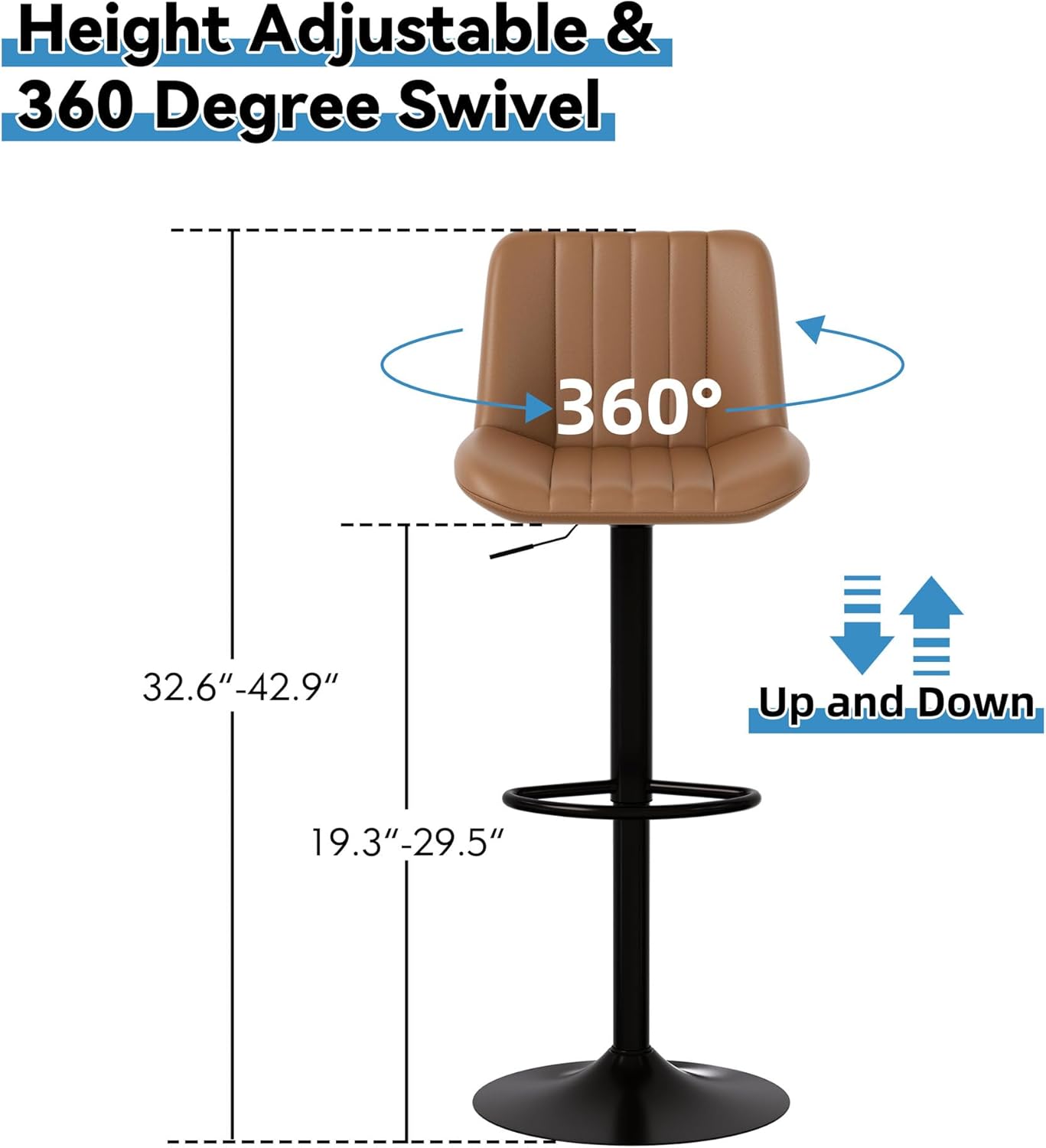 Shintenchi Swivel Bar Stools Set of 4, Adjustable Faux Leather Upholstered Swivel Counter Stools, Armless Bar Height Island Chairs with Back and Footrest, Brown