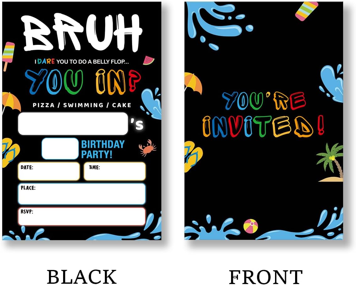 Bruh Pool Birthday Invitation Supplies with Envelopes Set of 20 Boy Birthday Party Invitations Fill in Blank, Double Sided