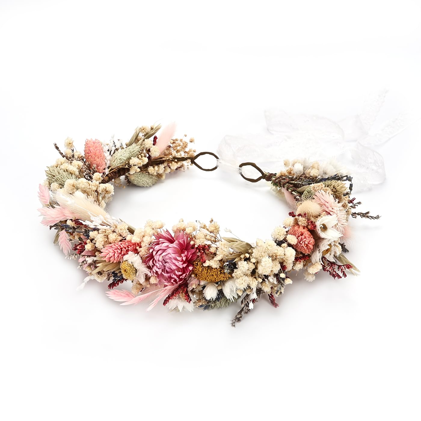 PoshMyra Handcrafted Dried Flower Crown, Natural Preserved Daisy Wreath Headband in Cream and Pink, Rustic Wedding Hair Garland for Kids and Flower Girls