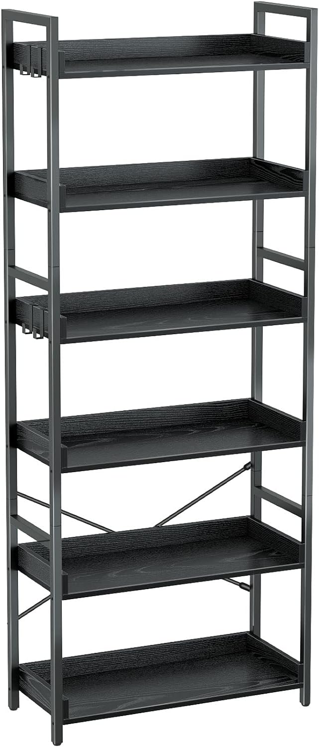 Rolanstar Bookshelf 6 Tier with 4 Hooks, Industrial Bookcase, Vintage Storage Rack with Open Shelves, Rustic Standing Bookshelves Metal Frame Display Rack for Living Room, Bedroom, Black
