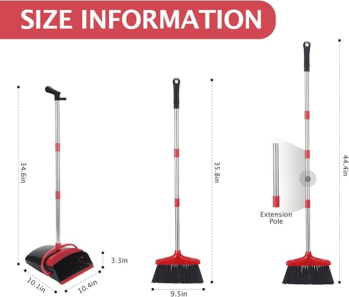 Broom and Dustpan Set with Long Handle, Light Weight Stainless Steel Poles Stand Upright Dustpans with Broom Combo for Home Kitchen Office Pet Dog Hair, Black & Red Color, 1-Pack