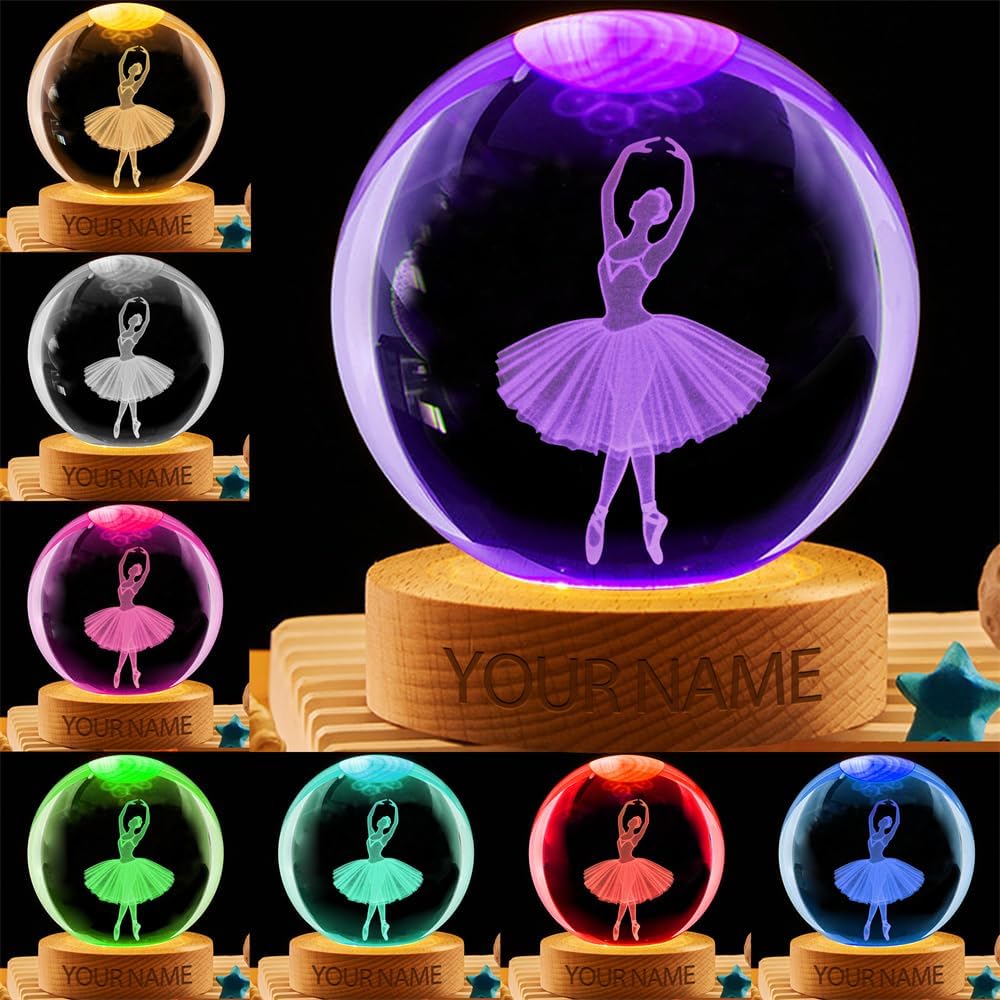 Personalized Ballet Crystal Night Light Gift for Women, Custom Name/Number Ballet Ballerina 3D Crystal Ball Night Light Lamp for Bedroom Room Dance Decor Party Bar Christmas Birthday Gift