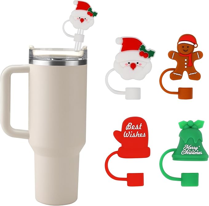 Christmas Silicone Straw Covers Cap for Stanley Cup, Cute Straw Topper for Stanley 30&40 Oz Tumbler, Reusable Dust-Proof Drinking Straw Cover, Set of 4 (Marry Christmas)