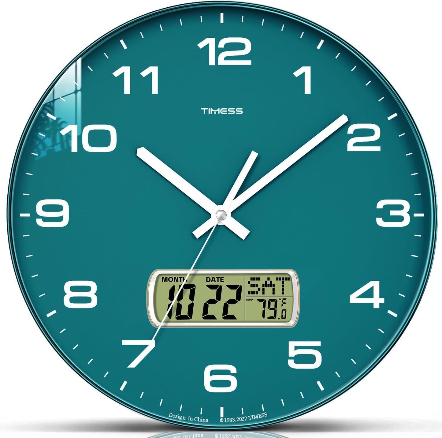 Wall Clock, 13" Dial Non-Ticking Silent Battery Operated Analog with LCD Display for Perpetual Calendar and F° Temperature, Ideal Modern Home, Office Decor (Green)