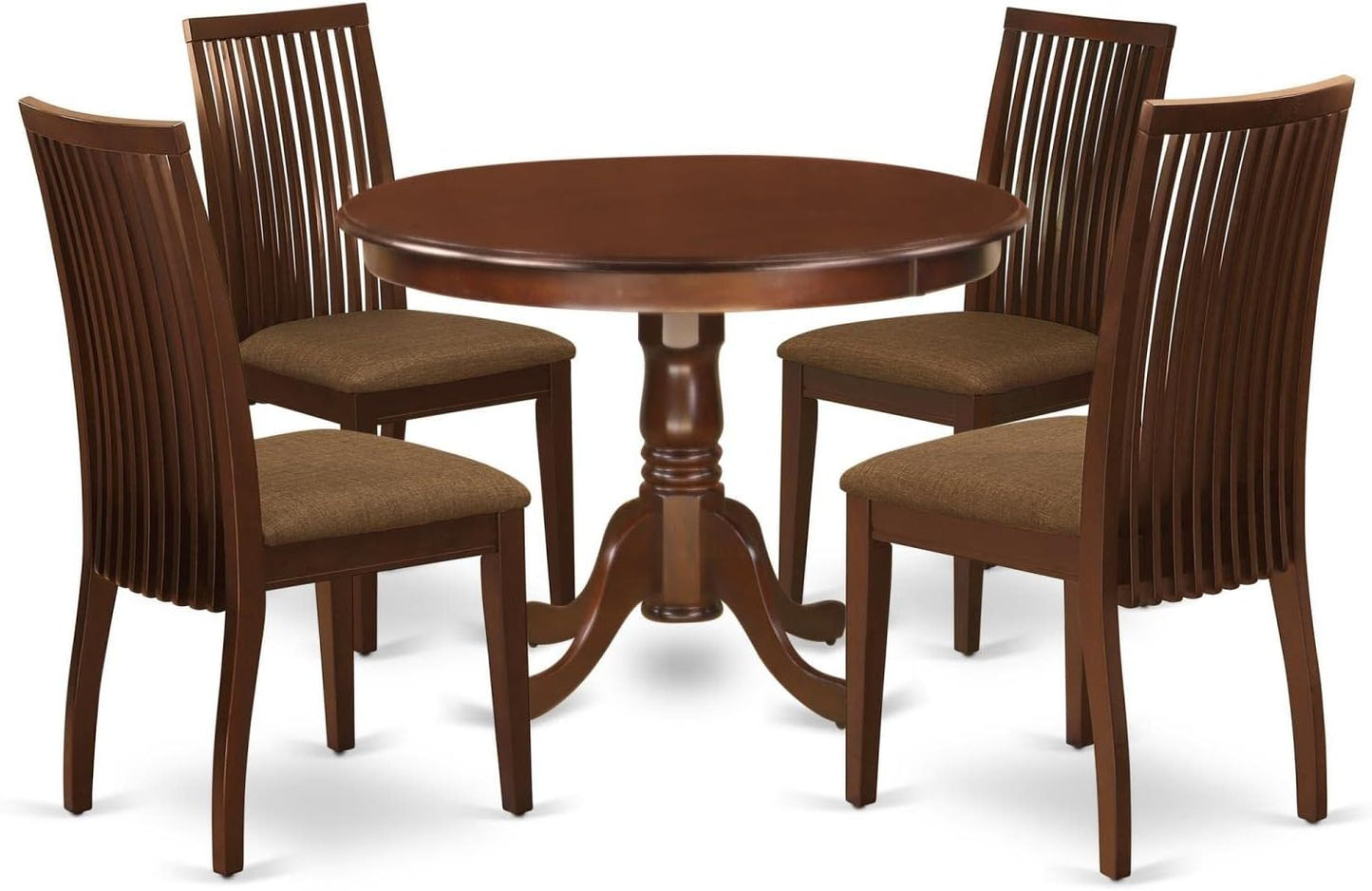 East West Furniture HLIP5-MAH-C 5 Piece Dinette Set for 4 Includes a Round Dining Room Table with Pedestal and 4 Linen Fabric Kitchen Dining Chairs, 42x42 Inch, Mahogany