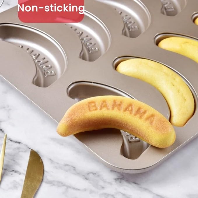 10 Cavity Banana Shape Cake Pan, Carbon Steel Banana Baking Pan Non-Stick Banana Cake Mold Set Funny Fruit Shape Baking Mold Dessert DIY Decoration for Kitchen and Bakery