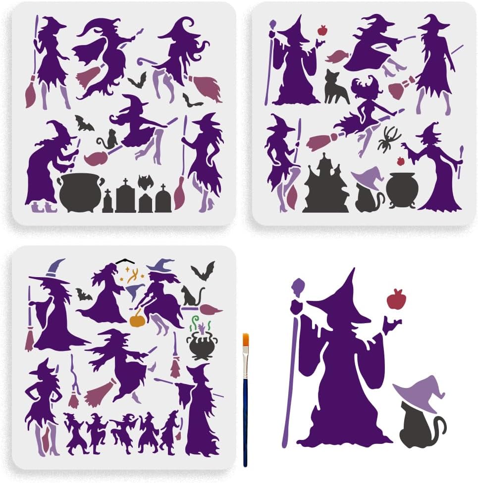 MAYJOYDIY 3pcs Witch Stencils 11.8×11.8inch Witch on a Broom Stencil Template with Paint Brush Tomb Bat Magic Theme Drawing Stencil for DIY Projects Crafts Furniture Canvas Wall Decor