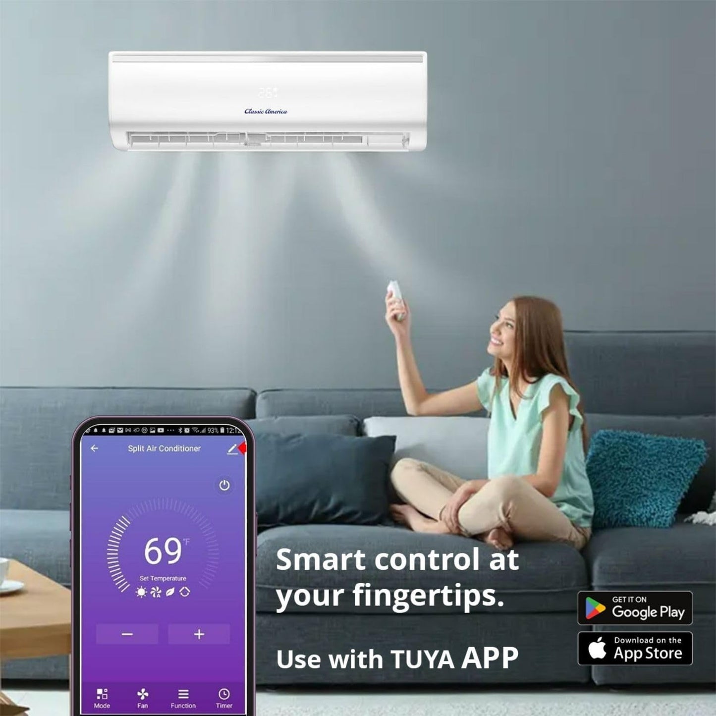 Vtronix Classic America 12,000 Btu Ductless Wall Mount Mini Split Inverter Air Conditioner With Heat Pump, 16 Ft Line Set, Up To