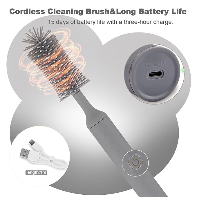 Electric Bottle Brush, 4 Piece Bottle Brush Set with Baby Bottle Brush Cleaner, Nipple Brush, Pacifier Cleaner, Straw Cleaner Brush, Gifts for Newborns and Mothers, Grey
