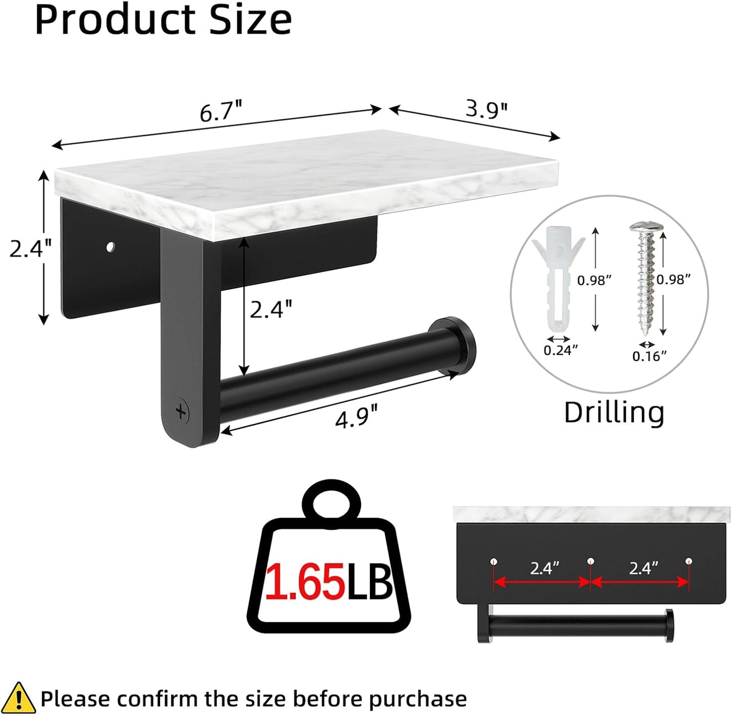 Marble Toilet Paper Holder with Shelf, 304 Stainless Steel Screw Wall Mounted, Tissue Roll Holder for Bathroom Washroom Matte Black