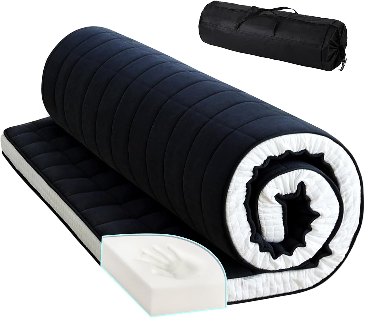 Tiita Japanese Floor Mattress, 4” Thicken Futon Mattress with Storage Bag and 2 Straps, Full Size Sleeping Tatami Mat for Adults，Black