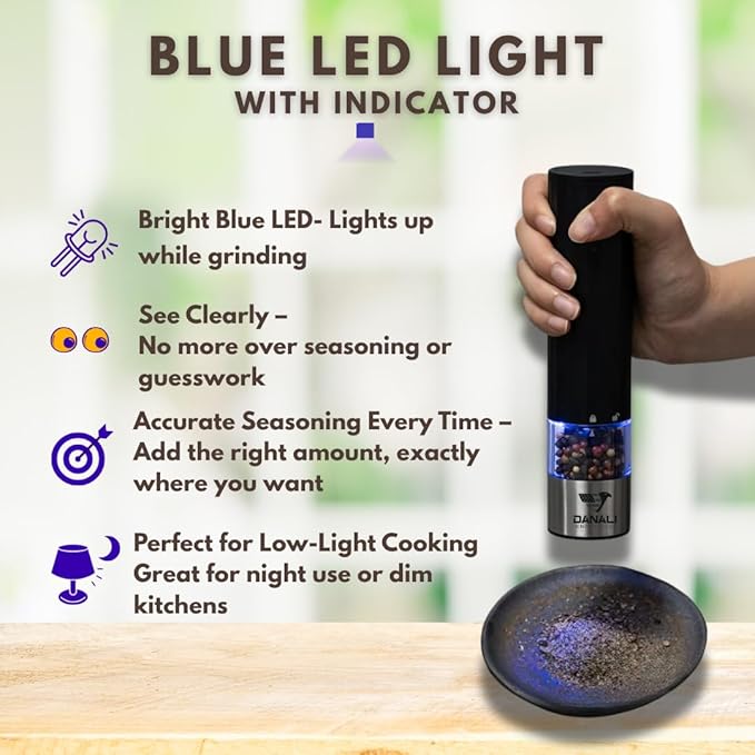 Rechargeable Electric Salt and Pepper, Automatic shaker Grinder Mill, LED Light, One-Hand Operation, Adjustable Coarseness, USB-C Charging, ABS & Stainless Steel, Stand Included.