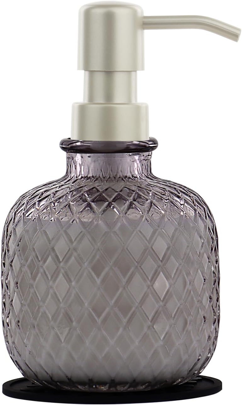 Soap Dispensers with Silicone Mat, for Kitchen and Bathroom Contertop Wash Hand Liquid, Dish Detergent, Farmhouse Style Shampoo Lotion Pump (1, Grey Glass with Champagne, 3-1/2" x 3-1/2" x 6-1/4")