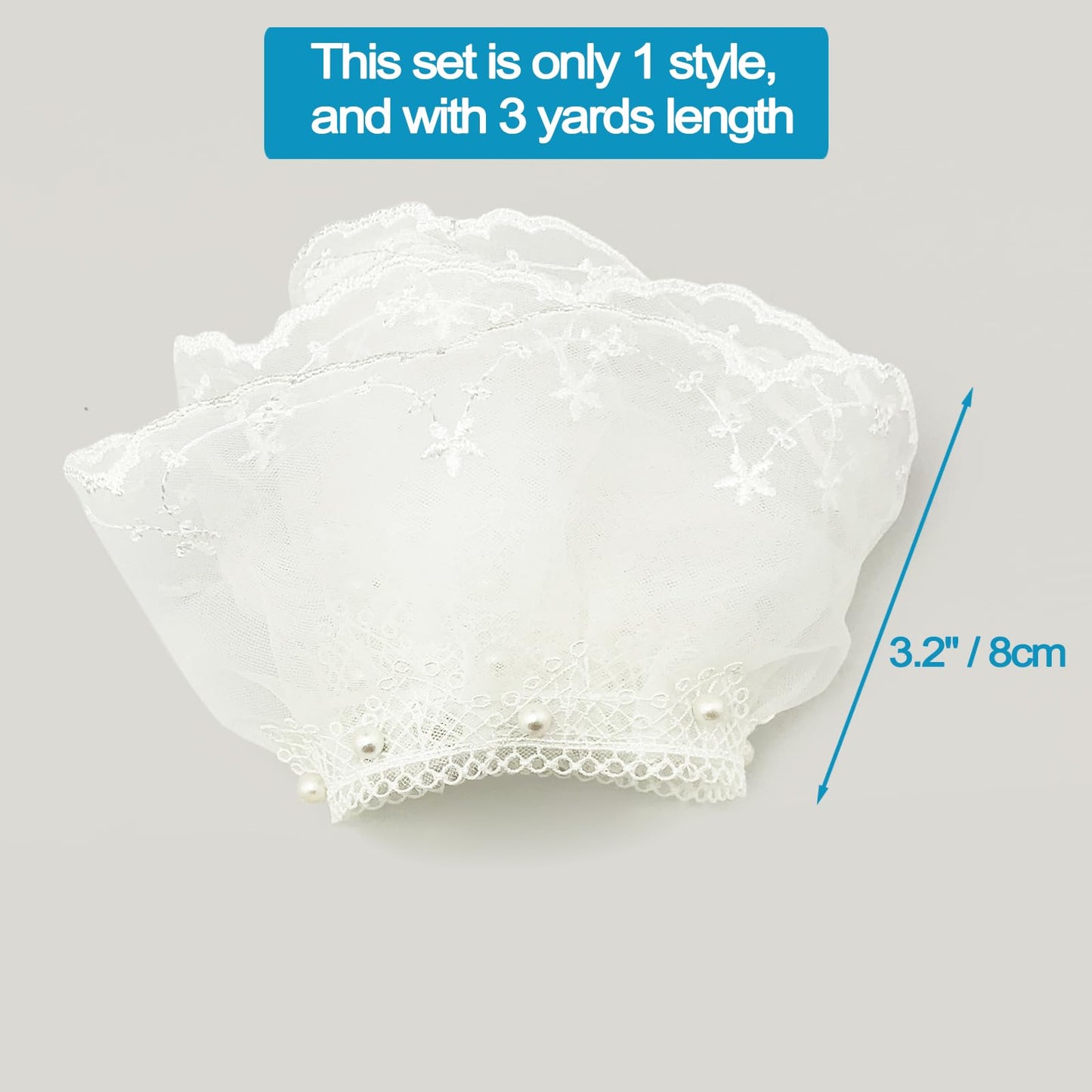 BETITETO 3 Yards White Ruffles Beads Lace Trim Pleated Pearl Organza Tulle Fabric Frills Ribbon for Sewing Clothing Curtains Wedding Decor Dress Designing and Crafts DIY (White-Off Only Style A)