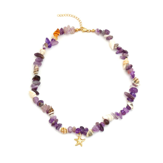Amethyst Necklace for Women, 14K Gold Plated Dainty Starfish Natural Amethyst Crystal Beaded Necklaces Waterproof Handmade Beach Summer Boho Choker Bead Ocean Beachy Vacation Necklace for Women