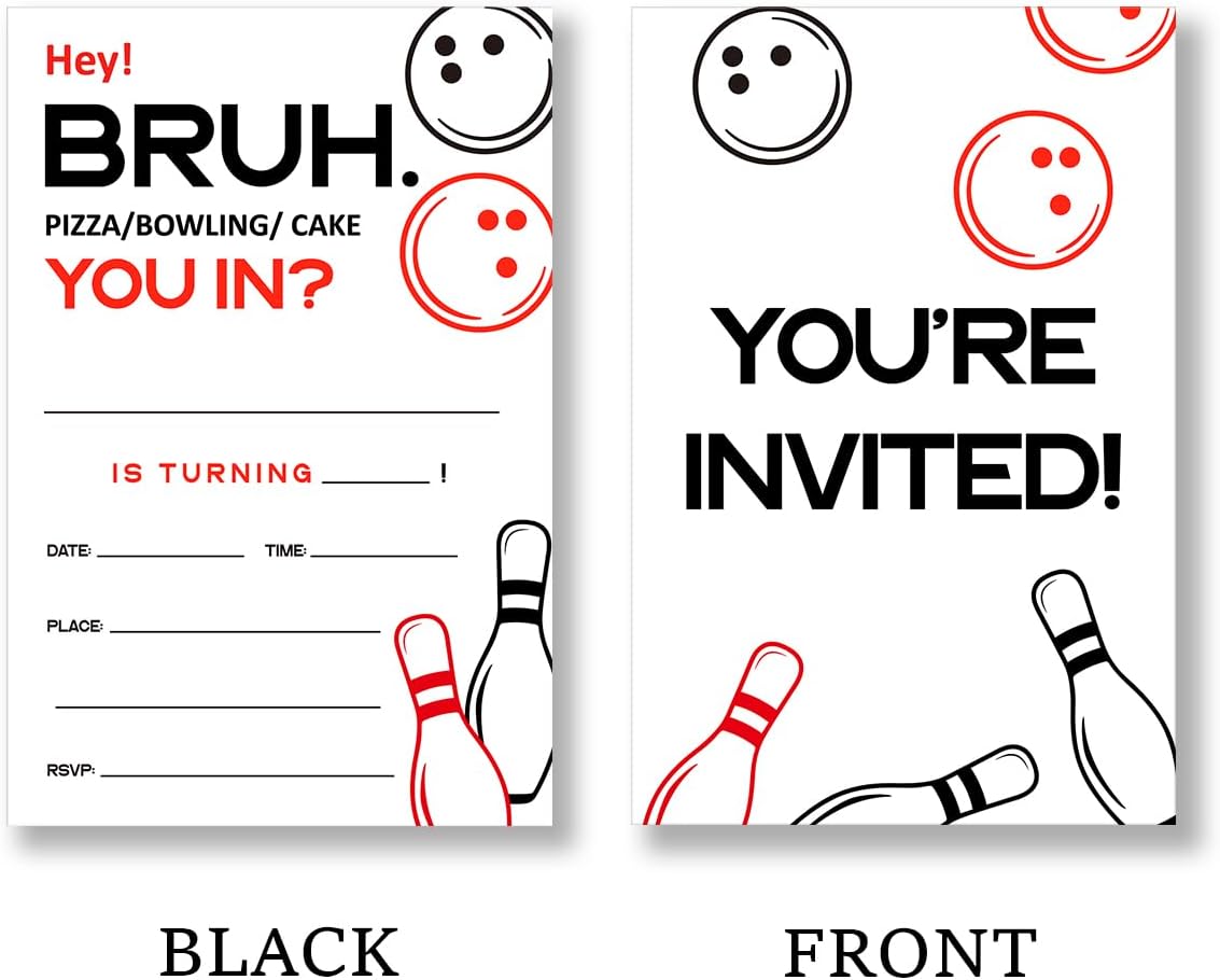 Bowling Birthday Invitation Supplies with Envelopes Set of 20 Bruh Birthday Invitation Fill in Blank, Double Sided