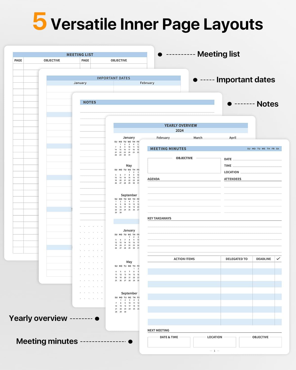 WEMATE Meeting Notebook for Work, Work Planner Notebook With Action Items, B5 Size Project Planner, Easily Take Meeting Notes & Keep Agendas on Track, Calender, Index Page, Inner Pocket, 7×10 Inch, Black