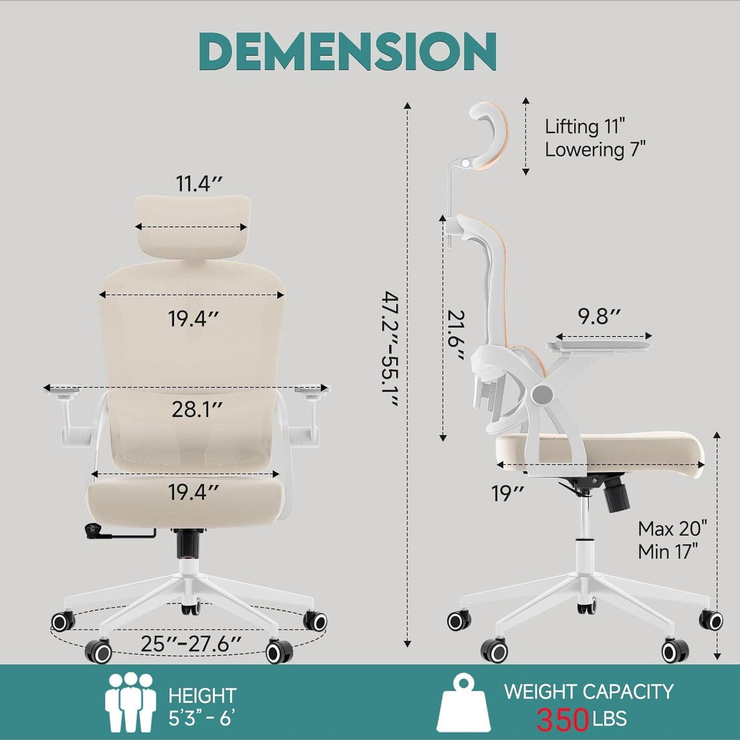 Office Chair Ergonomic Desk Chair with Lumbar Support&Headrest&Flip-up Arms Height Adjustable Rocking Swivel High Back Computer Chair Warm Taupe Mesh Study Chair (05Khaki)
