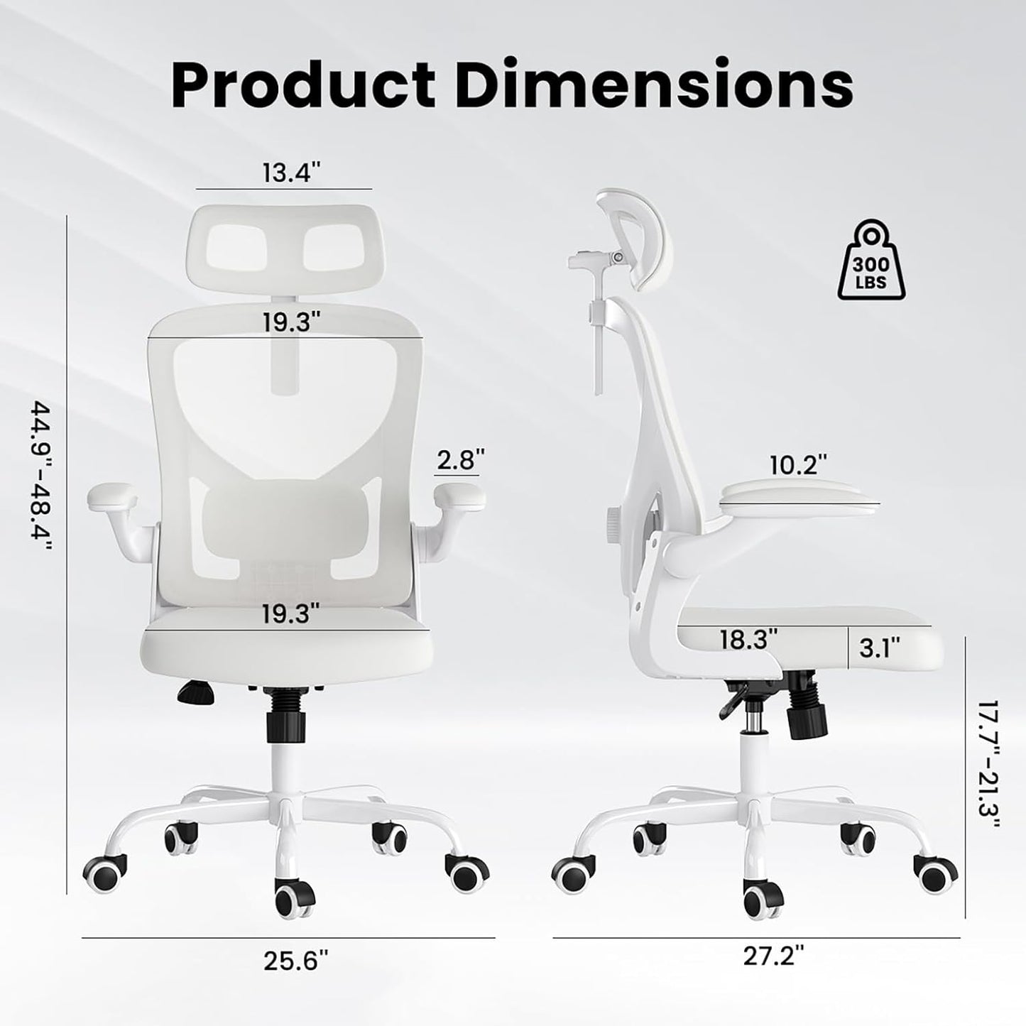 Ergonomic Office Chair, Comfy Home Office Chair High Back Computer Chair with Headrest, Adjustable Back Support, Flip-Up Arms, 90-120° Tilt and Wide Cushion, Up to 300lbs,White