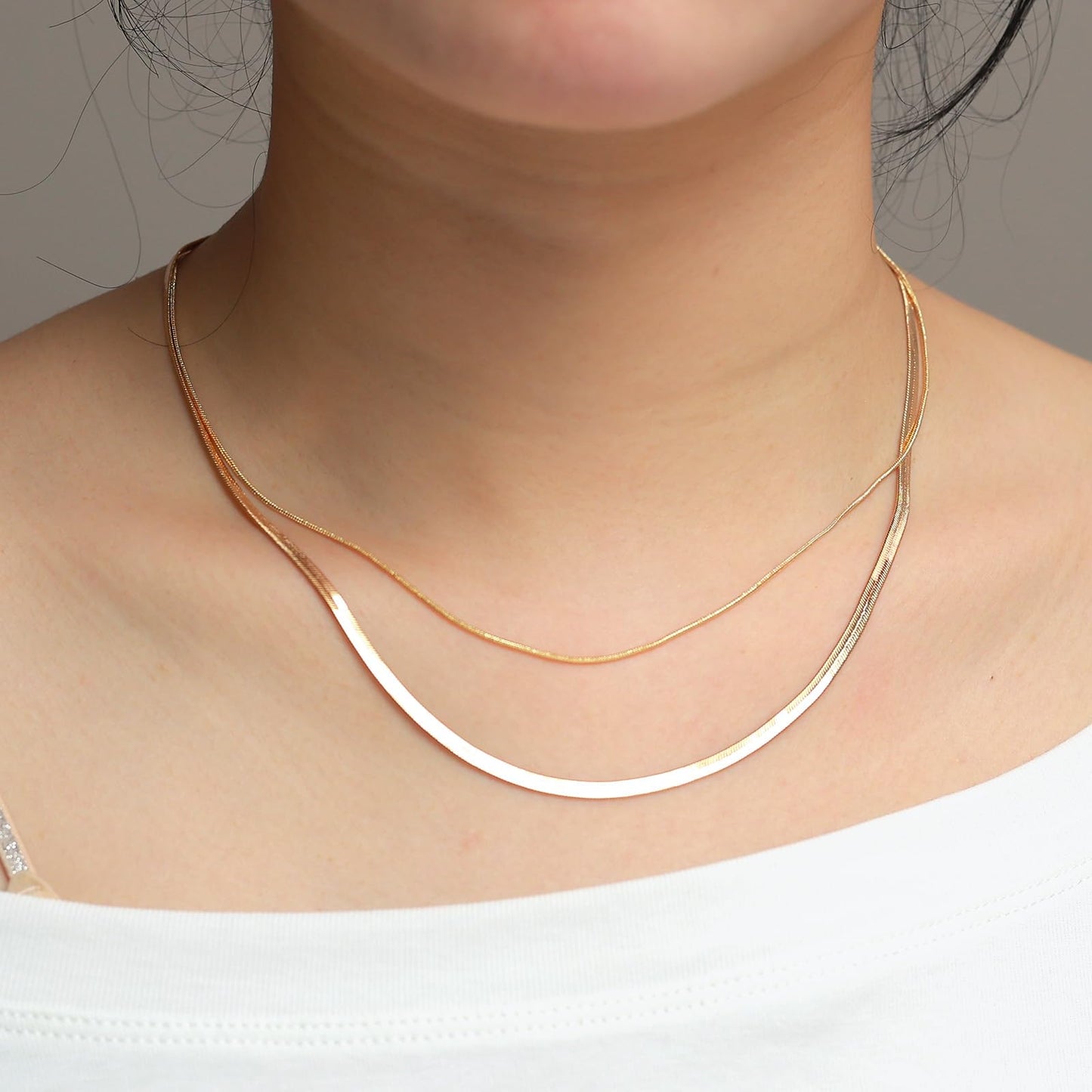 MAIKERDER Herringbone Necklace for Women, 18K Gold Plated Dainty Snake Chain Necklaces Minimalist Simple Flat Gold Necklaces Trendy Non Tarnish 18 Inches