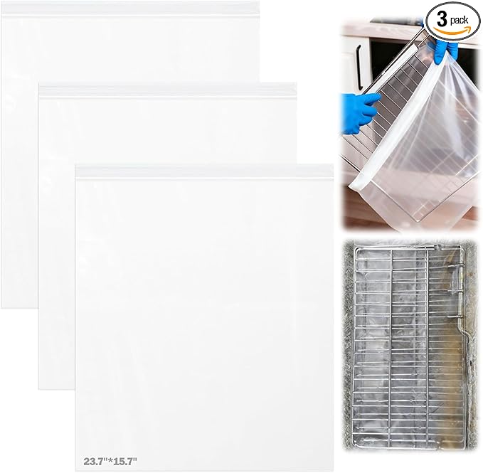 XANGNIER 3 Pack No Scrub Oven Rack Cleaning Bags 23.7*15.7 in,No Cleaner Included,Simple to Use,No Messy Hands Reusable Leakproof Soaking Cleaner Bags for Removable Metal Rack,BBQ Grills,Grill Grate