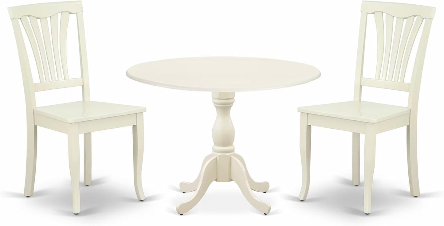 East West Furniture DMAV3-LWH-W 3 Piece Dining Room Table Set Contains a Round Dining Table with Dropleaf and 2 Wood Seat Chairs, 42x42 Inch, Linen White