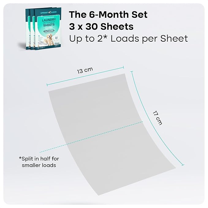 Uproot Clean Laundry Sheets Ultra - 90 Pack - Fragrance-Free: Extra-Large Enzyme-Powered Laundry Detergent Sheets Made in USA - Eliminate Clinging Fur, Pet Odors, & Messy Residue - Up to 180 Loads