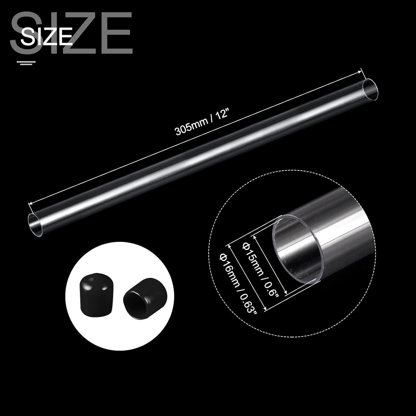 PATIKIL Clear Rigid Tube Round Plastic Tubing with Black Rubber Caps Polycarbonate Water Pipe, 305mm/ 12 Inch Length, 15mmx16mm/0.6"x0.63", 2 Set