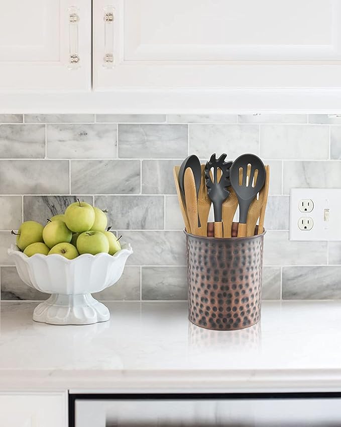 Monarch Abode Kitchen Utensil Holder – Hand Hammered Metal Antique Copper Utensil Holder, Decorative Utensil Crock for Kitchen Counter, Cooking Tool and Spatula Holder for Countertop, Caddy Organizer