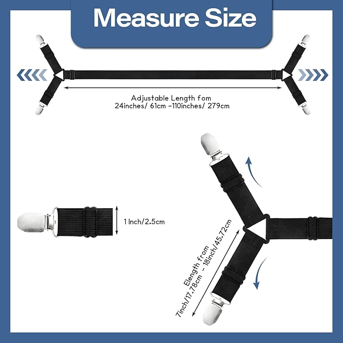 CHRORINE Bed Sheet Holder Straps Adjustable Sheet Fasteners Clips Keep Bedding Stays in Place, 2 Pcs/Set, Black