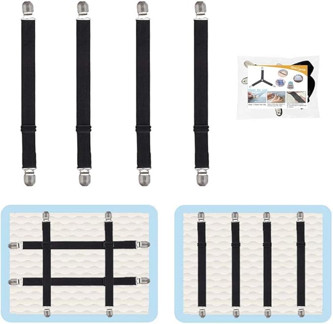 4Pcs Adjustable Bed Sheet Straps Clips, Elastic Mattress Sheet Fasteners Holder and Suspenders, Grippers to Hold Sheet, Mattress, Sofa, Couch, Table Cloth, Recliner Ironing Board Cover and More