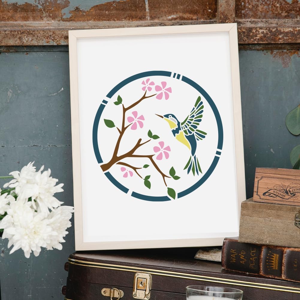 MAYJOYDIY 3pcs Round Flower Bird Stencils for Painting 11.8×11.8inch Large Hummingbird Floral Stencil with Paint Brush Nature Daisy Cherry Blossom Titmouse Flying Bird Stencil for Wood Wall Furniture