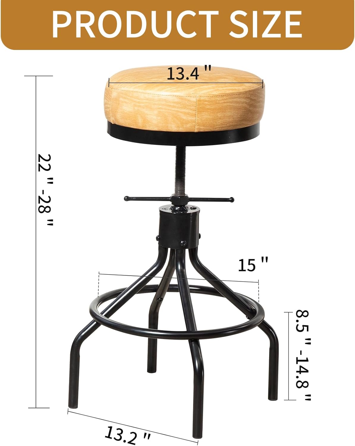 Swivel Bar Stools Adjustable Swivel Barstools Modern PU Leather 28inch Round Backless Counter Height Stool Metal Industrial Bar Chair for Kitchen Island (1, Ash Wood PU Leather)