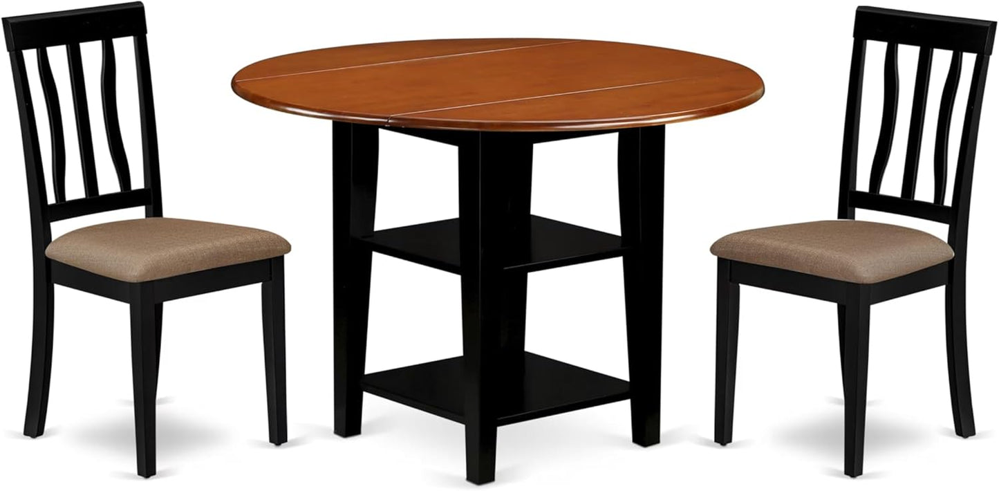 East West Furniture SUAN3-BCH-C 3 Piece Dining Room Table Set Contains a Round Kitchen Table with Dropleaf & Shelves and 2 Linen Fabric Upholstered Chairs, 42x42 Inch, Black & Cherry