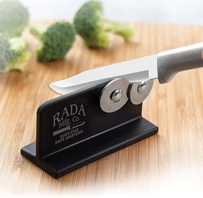 Rada Cutlery 7-Piece Starter Knife Gift Set (G257) with Quick Edge Sharpener (R119), Stainless Steel Hollow Ground Blades, Made in USA, Black Handles