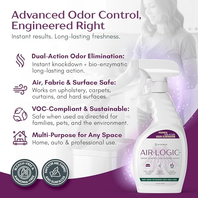 Dual-Action Odor Eliminator Spray 32 Fl Oz, Plant-Based Instant Knockdown & Enzymatic Deodorizer for Home, Neutralizes 16 Odor Sources, Bleach-Free, Fabric & Surface Safe, Lavender Lemon