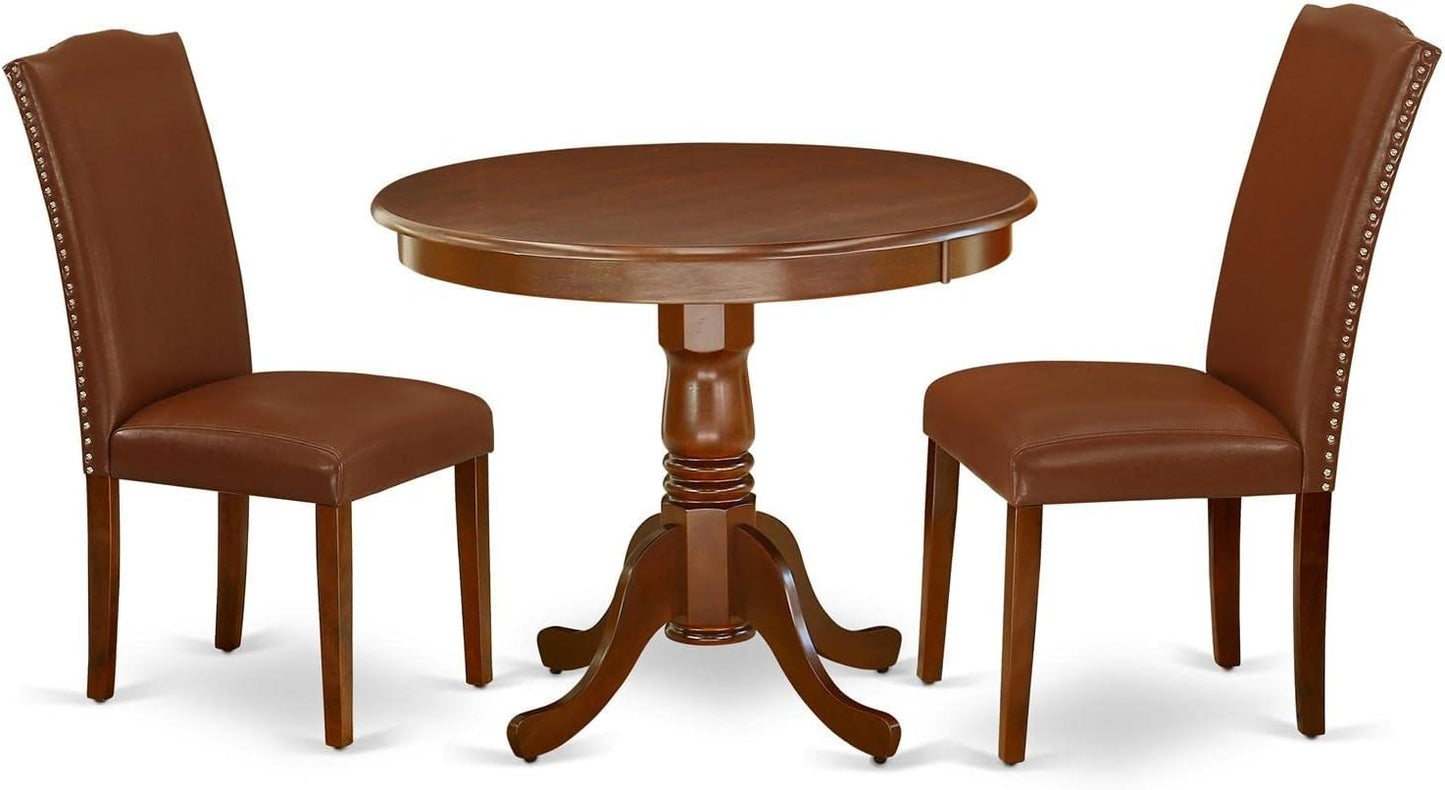 East West Furniture ANEN3-MAH-66 3 Piece Dining Room Furniture Set Contains a Round Dining Table with Pedestal and 2 Brown Faux Faux Leather Upholstered Chairs, 36x36 Inch, Mahogany