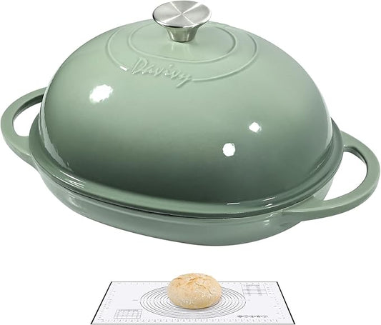 Davivy 6QT Cast Iron Oval Dutch Oven with Silicone Baking Mat, Bread Dutch Oven for Sourdough Bread Baking 6QT, Cast Iron Loaf Pan with Domed Lid - Sea Salt Green