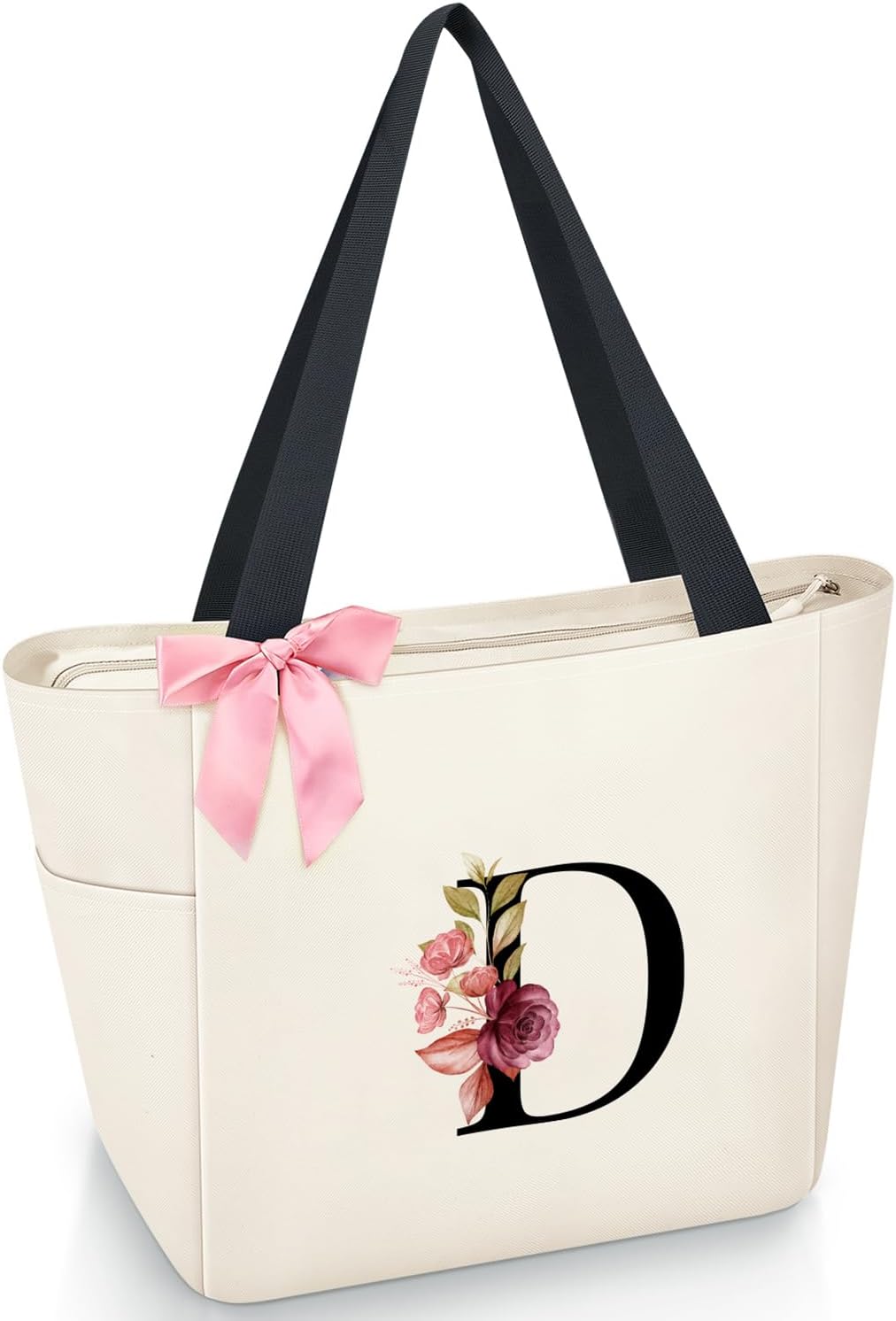 Vavabox Tote Bag, A-Z Initial Monogrammed Waterproof Tote Bag, Bridesmaid Gifts for Women, Black and Pink