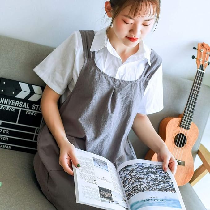 Japanese Style Linen Cotton Cross Back Pinafore Apron with Pockets for Women Ladies Men Chef Kitchen Cooking Baking