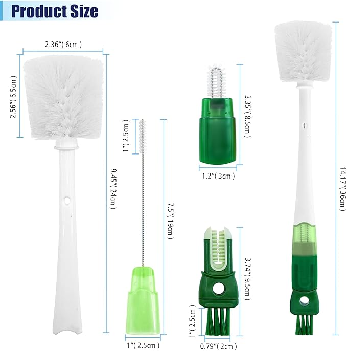 Five-in-one Bottle Brush Set (1Pc Green), Long Handle Bottle Cleaning Brush Straw Brush Nipple Brush Hard-Corner Brush for Sports Water Bottles Caps Mugs Glasswares Tumblers Wine Decanters